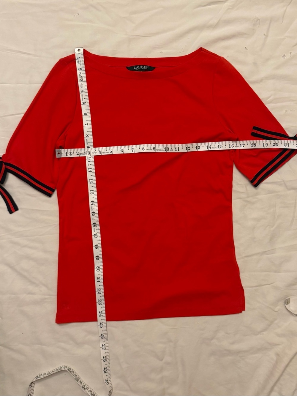 Ralph Lauren Red Short-Sleeve Knit Top with Stripe Tie Cuffs - Picture 7 of 7